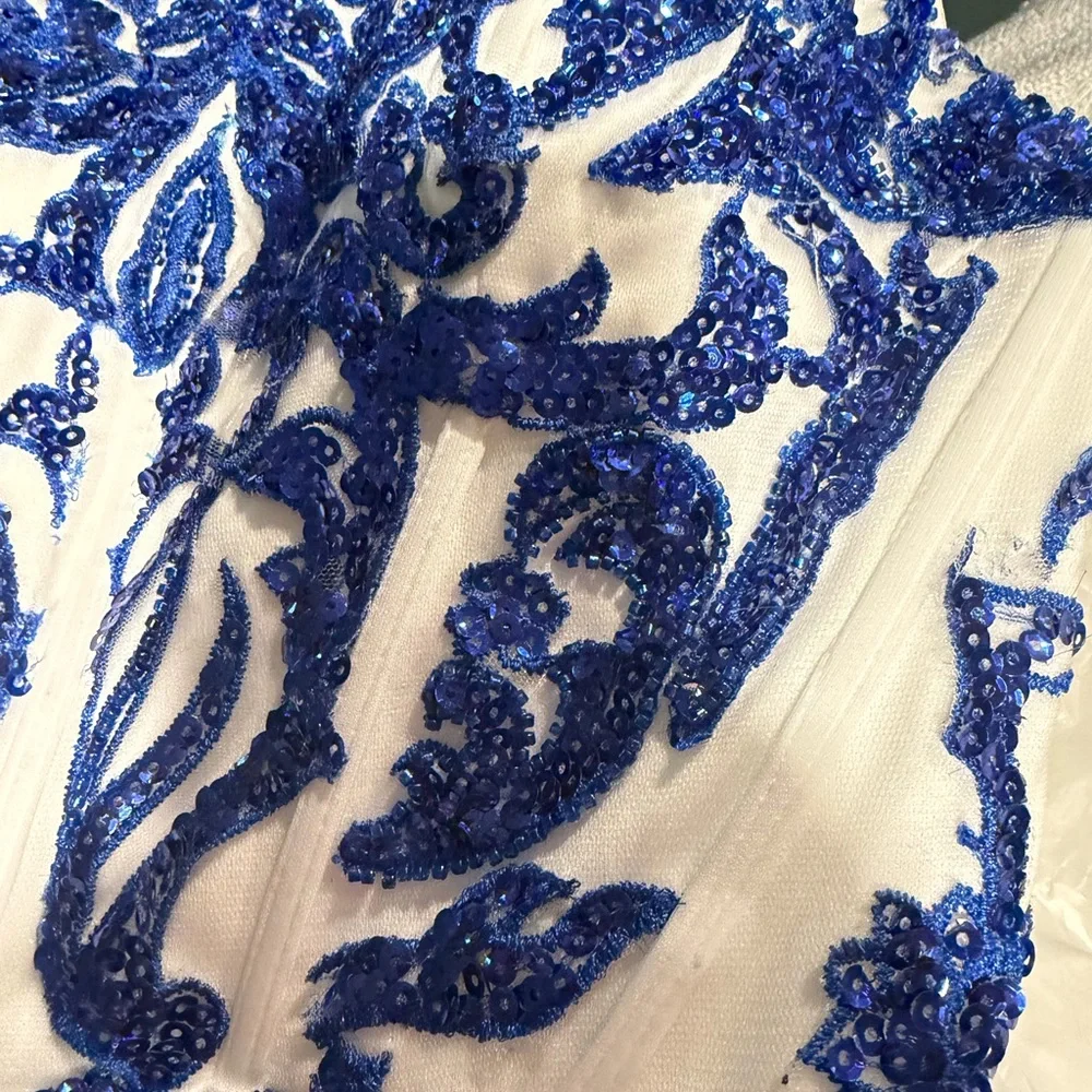 Strapless Blue & White Embroidered Mini Dress - Picture 3 of 3